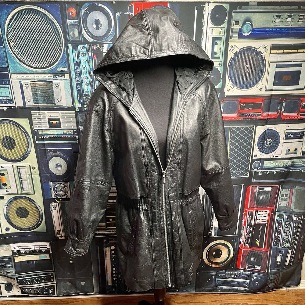 BLUELINE & COMPANY Vintage Black Leather Short Trench Jacket Hooded Women Small